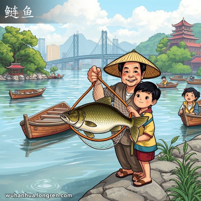 武汉长江边的渔民展示刚捕捞到的鲢鱼，背景是绿树成荫的河岸和传统木船。