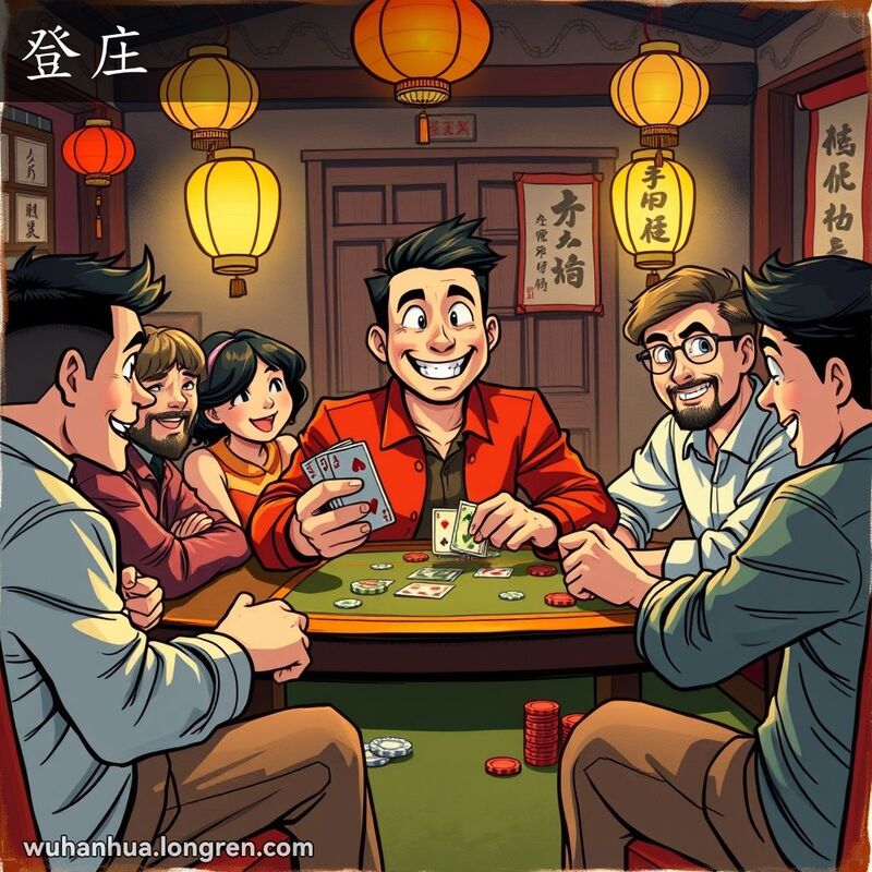 一群朋友围坐在桌旁玩扑克牌，主角准备发牌，背景是传统中国装饰的房间。