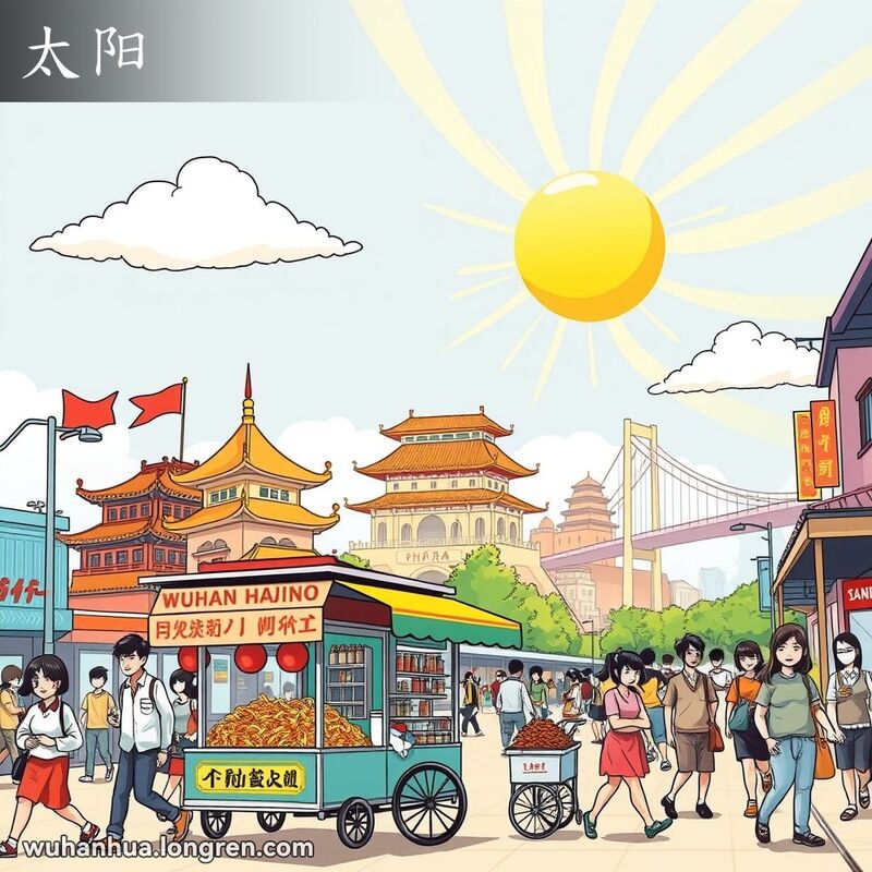阳光明媚的武汉街头，太阳高照，小贩售卖热干面和鸭脖，行人享受温暖天气，背景有黄鹤楼和长江大桥。