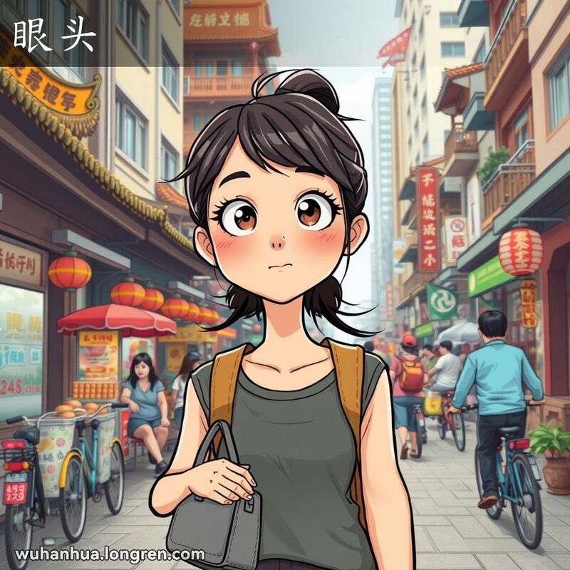 一位武汉年轻女子在街道上行走，眼睛睁大，目光直视前方，表情好奇且警觉，背景是武汉的街景