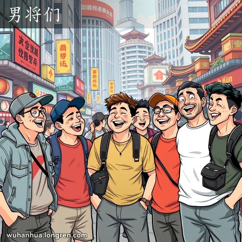一群武汉男子在城市街头聚集，展现出男性之间的友谊和团结，背景是繁忙的城市街道