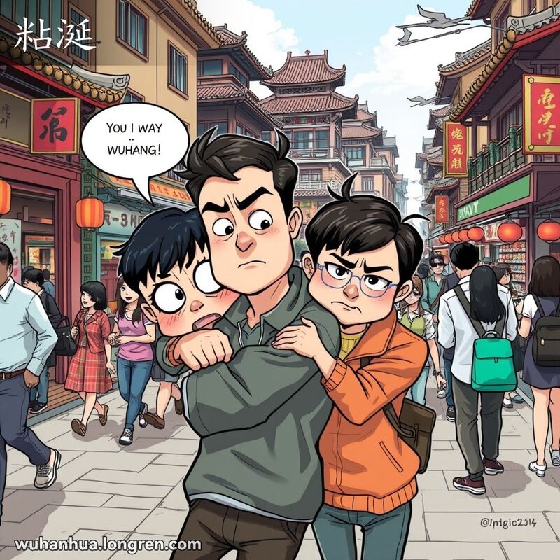武汉街头，一个人试图离开，但另一个人紧紧抓住他不放，表情夸张，背景是繁忙的城市街道。