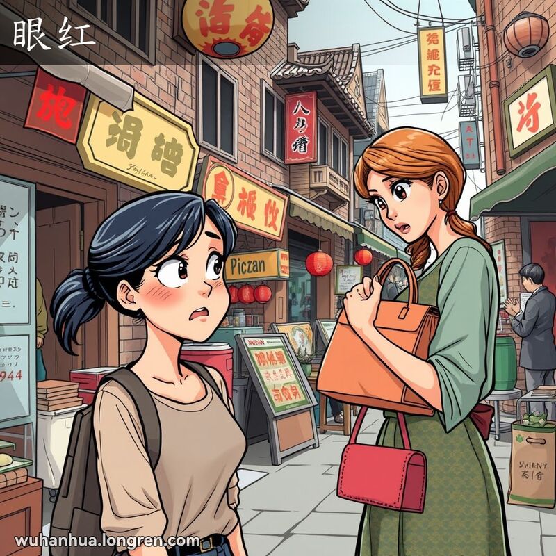 一位年轻女子站在武汉老街小店前，望着邻居的名牌包，眼神中充满羡慕和嫉妒，背景是热闹的市场景象