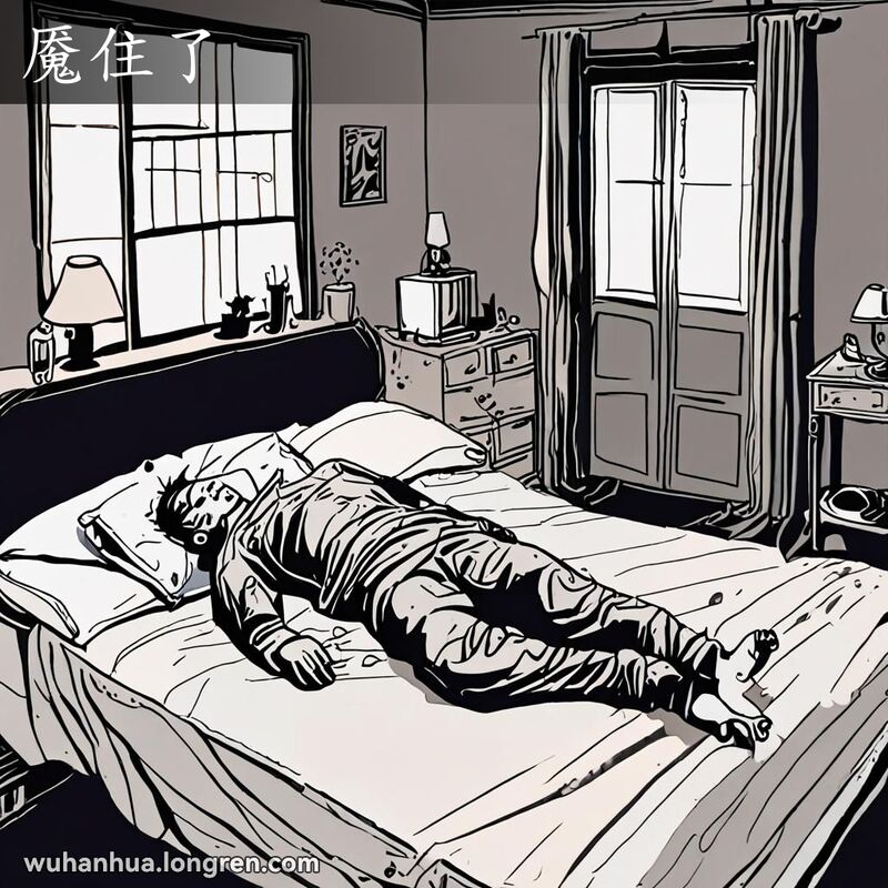 一个人躺在床上，翻来覆去，脸上露出痛苦的表情，胸口紧绷，呼吸困难，仿佛有什么重物压在胸口，背景是一个传统的武汉风格卧室。