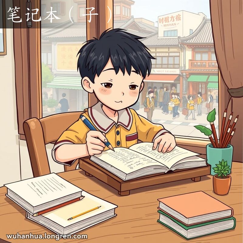 一位武汉学生坐在书桌前，手持笔在笔记本上认真写字，背景是武汉的街景