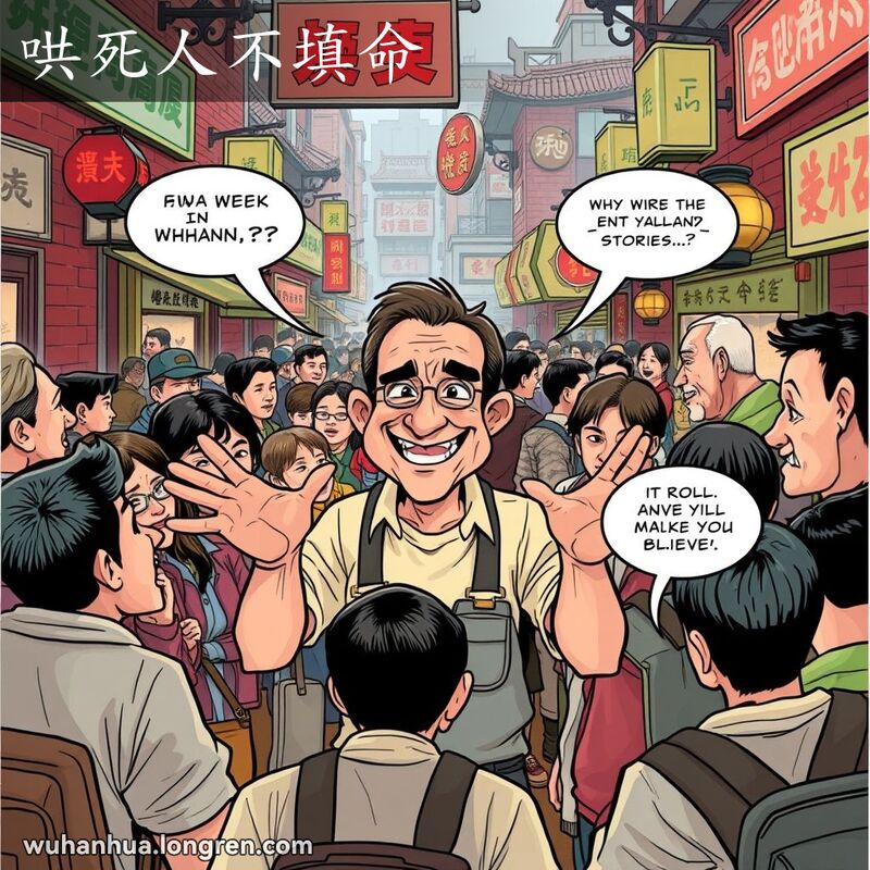 武汉市场中，一个男子夸张地讲述故事，周围人表示怀疑，背景是传统市场景象。