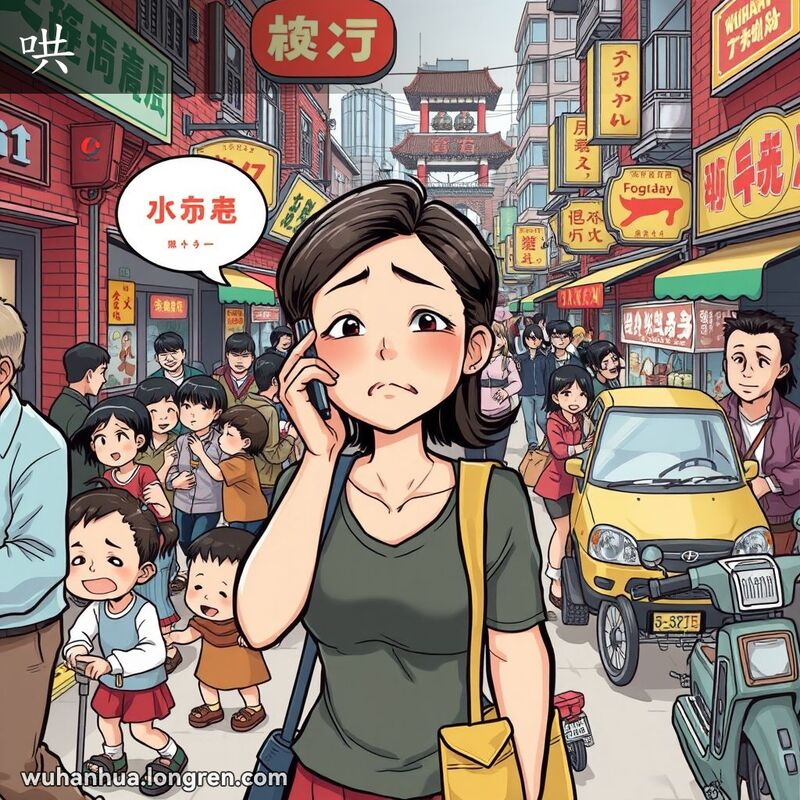 一位女性在嘈杂的武汉街头打电话，周围有嬉闹的孩子、叫卖的小贩和鸣笛的汽车，背景是武汉老街景。