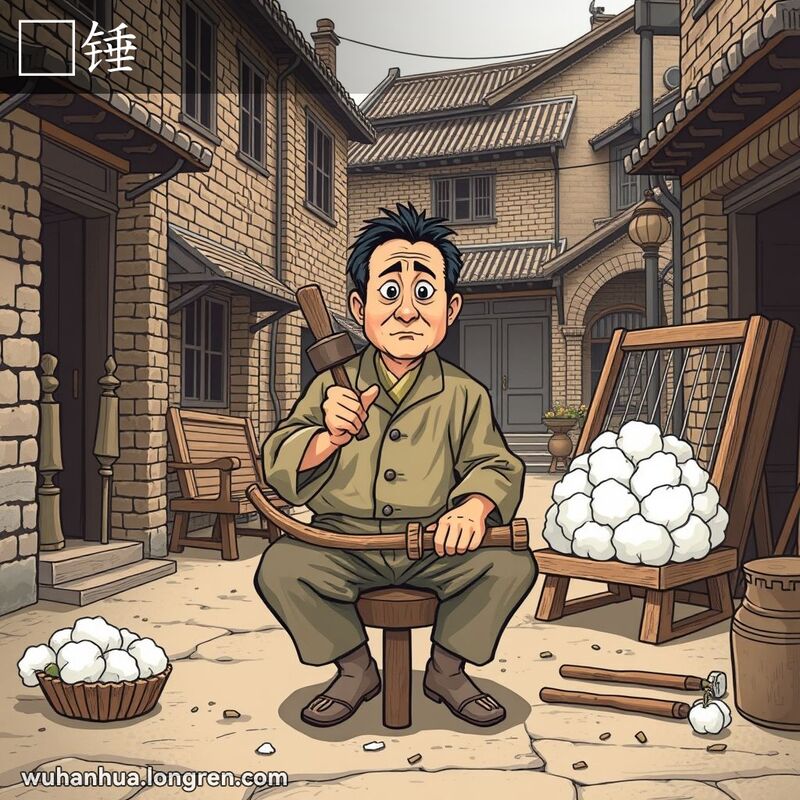 一位武汉手工艺人坐在凳子上，用小木锤敲击棉花弓弦，背景是老街和工具