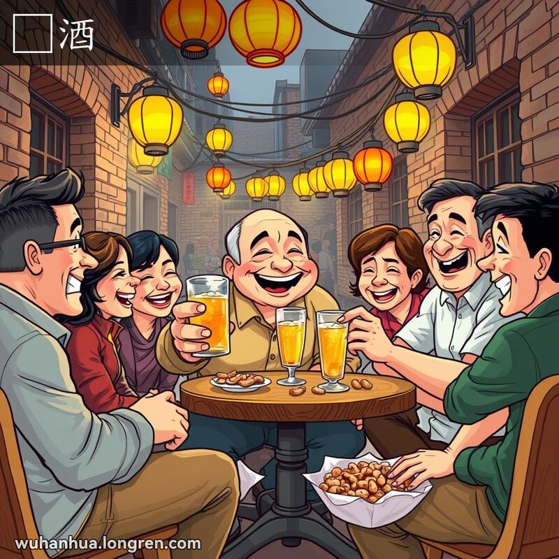 一群朋友在武汉老街聚会，主角手持啤酒准备碰杯，桌上有特色小吃，背景是传统老街景