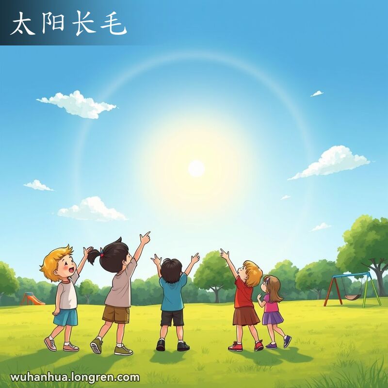 阳光明媚的日子，太阳周围有淡淡的光环，孩子们在公园里玩耍，指着天空。
