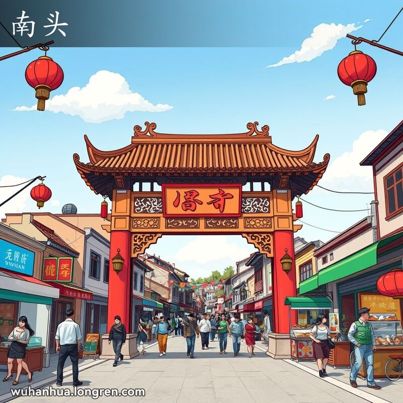 武汉市南端的繁华街景，以传统牌坊为中心，街道两旁有老建筑、小店铺和食品摊位，行人在街上悠闲地走动。