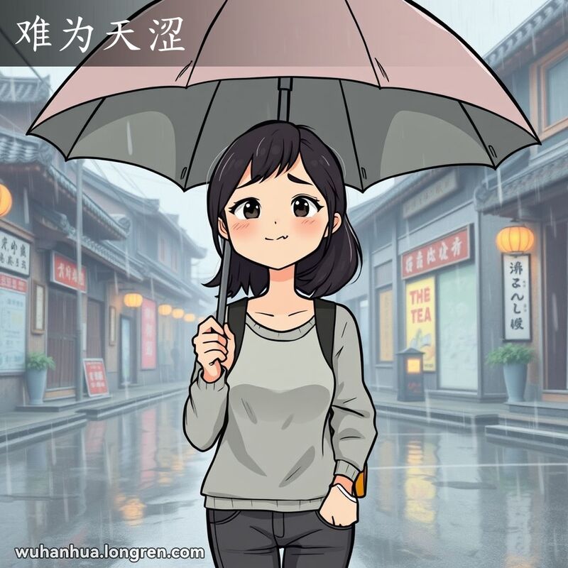 一位年轻的武汉女子在雨天站在大伞下，表情略显尴尬和不适，背景是武汉的传统街景