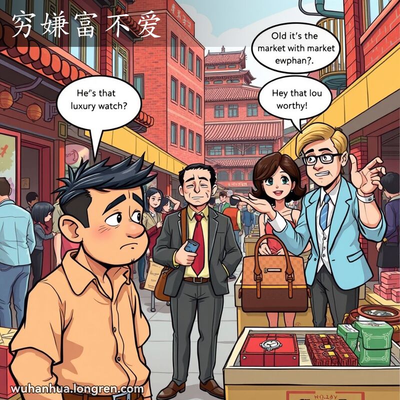 武汉市场中，穷人和富人对同一件奢侈品表示不满，摊主显得无奈，表现“穷嫌富不爱”的场景。