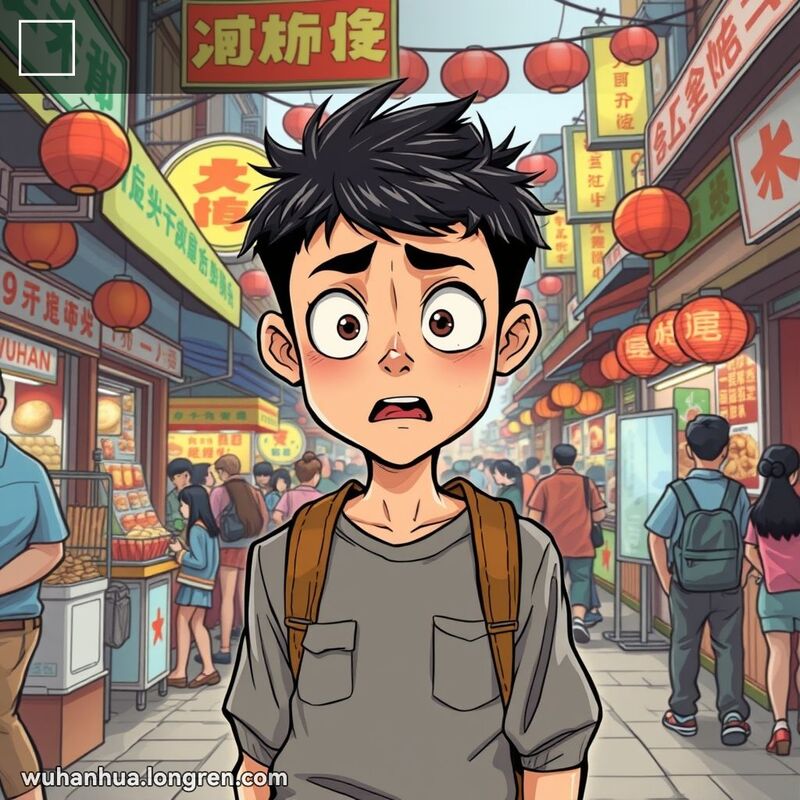 一位年轻的武汉市民在市场中面露恐惧和犹豫的表情，背景是热闹的市场景象