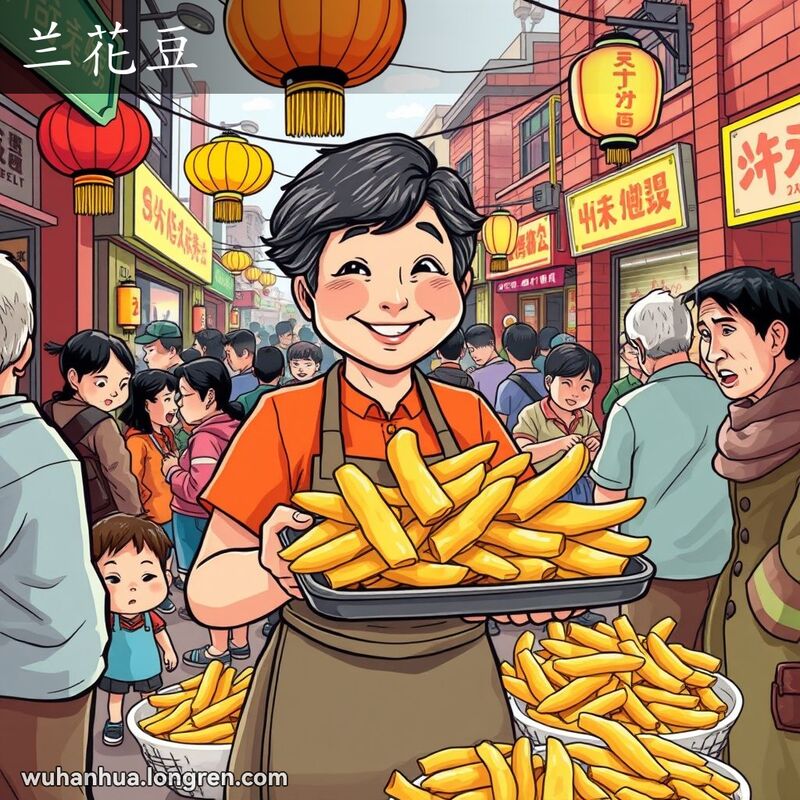 武汉街头市场，摊主售卖兰花豆，顾客围观，背景有其他小吃摊位和传统招牌