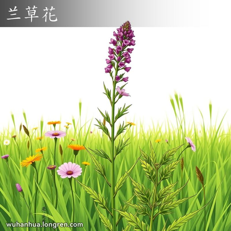 一片绿油油的草地上，一株高大的佩兰植物，茎直立，叶片呈披针形，边缘有锯齿，顶端开着紫红色的花朵，整株植物散发着芬芳的香气。