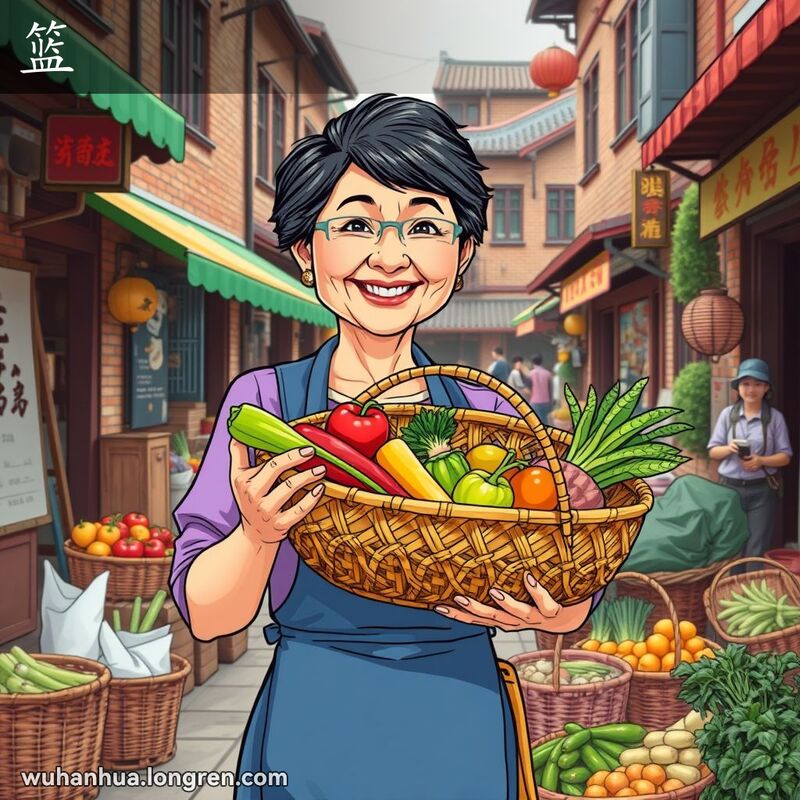 一位中年妇女在武汉街市上手持装满蔬菜水果的竹篮子，背景是繁忙的市场景象