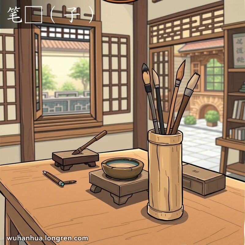传统书房中的竹制笔筒，插着几支毛笔，背景是古老的砚台和宁静的庭院
