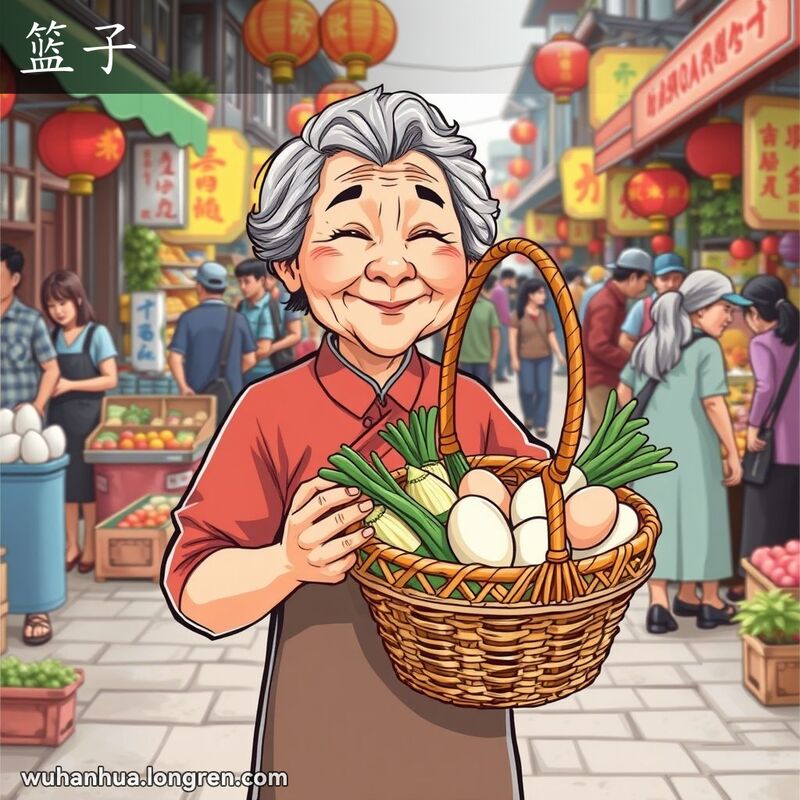 一位老妇人在武汉街头市场中手持装满蔬菜和鸡蛋的竹篮子，背景是繁忙的市场摊位。