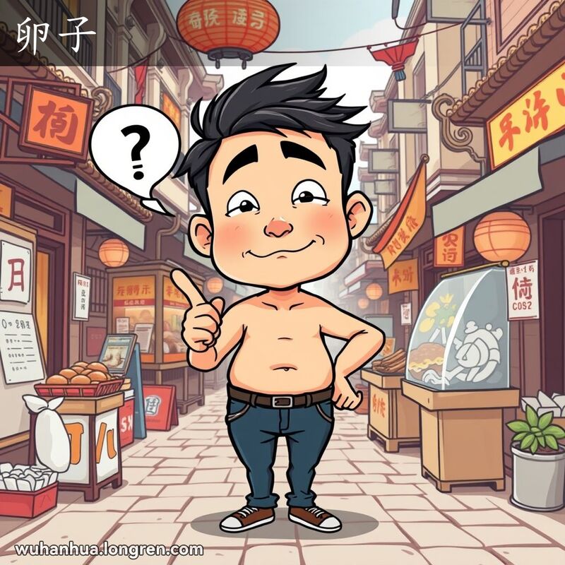 一位武汉男子站在街头，指着自己的下体，脸上带着困惑的表情，背景是武汉老街景