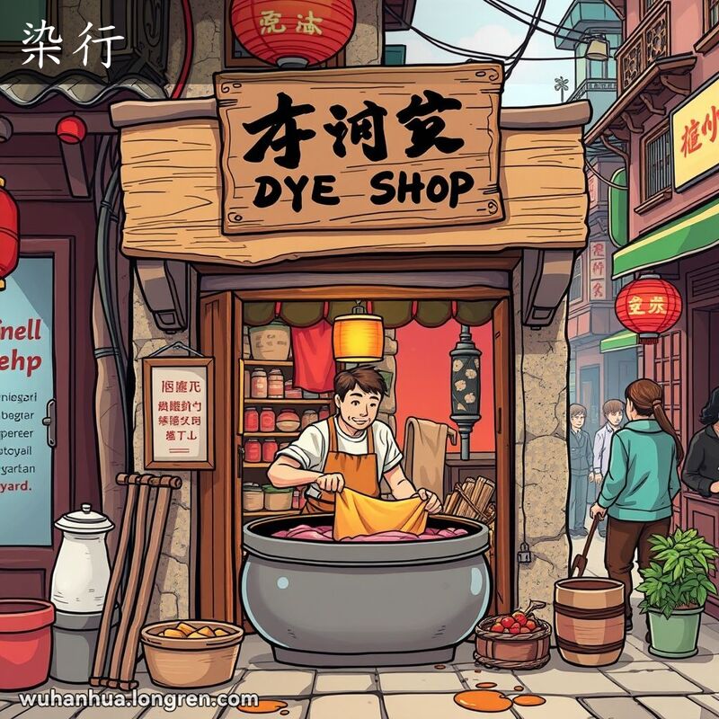 武汉老街上一家传统染坊，工匠在染色丝绸，背景有其他小店和行人