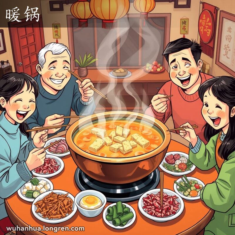 一家人围坐在暖锅旁，享用热气腾腾的美食，背景是温馨的家庭环境