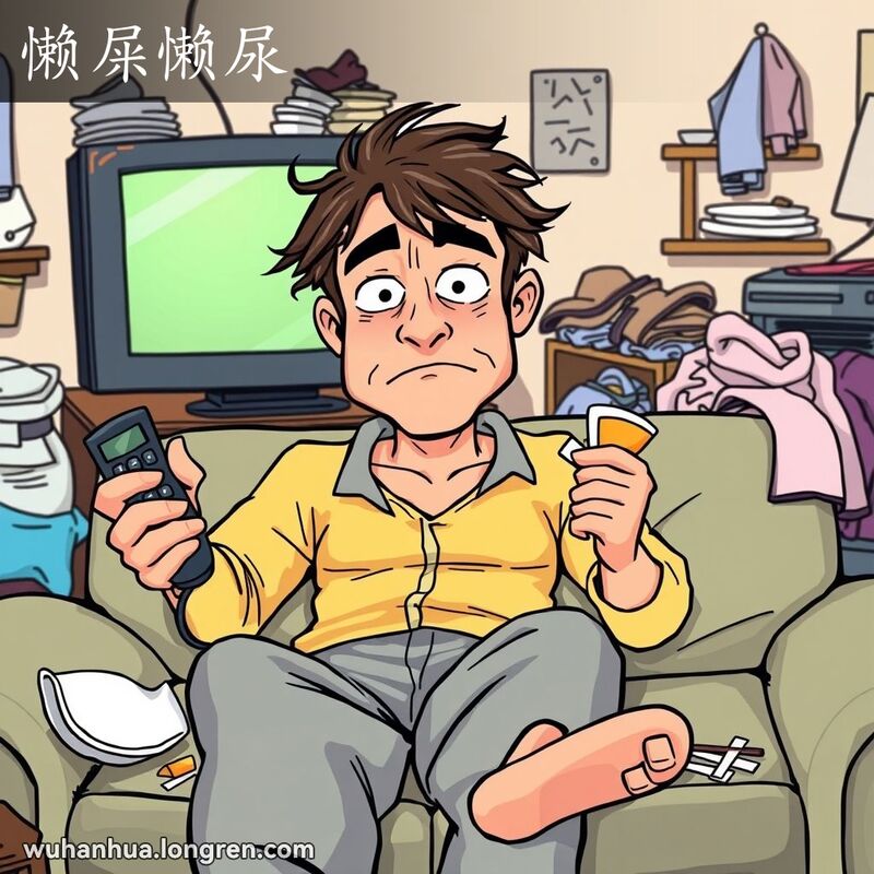 一个懒散的男子坐在沙发上，手持遥控器和零食，背景是凌乱的客厅，表现“懒屎懒尿”的情景