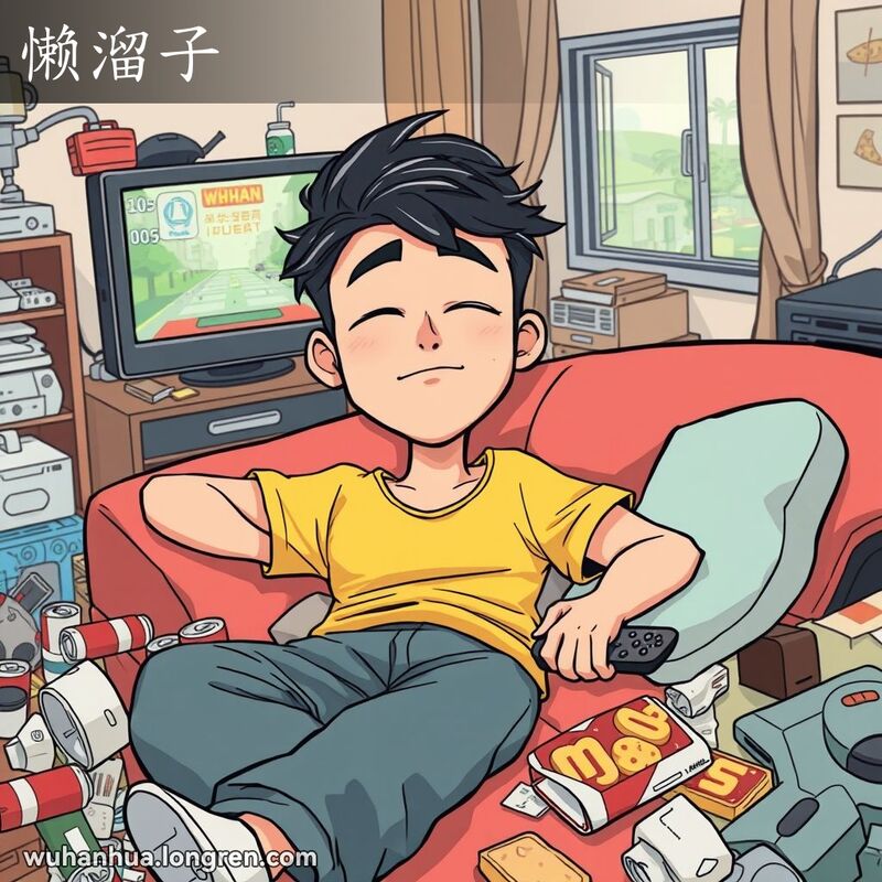 一位武汉年轻人躺在凌乱的房间沙发上，周围散落着零食和游戏机，表情懒散，背景是杂乱的房间和窗外的武汉街景