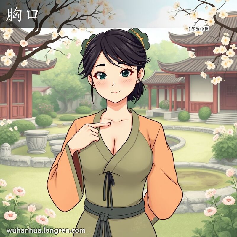 一位穿着传统服饰的武汉女子在园林中指向自己的胸骨下端，表情温和而略显关切