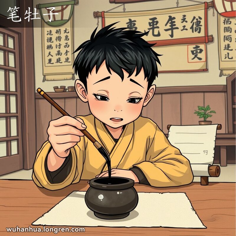 一位年轻学生在书法教室中专注地观察毛笔的笔尖，背景有书法作品和小盆栽