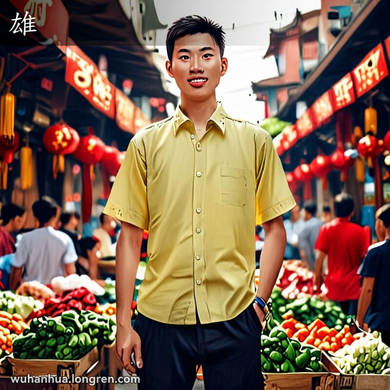 一位武汉青年在热闹市场中自信满满地站立，背景是色彩鲜艳的市场摊位