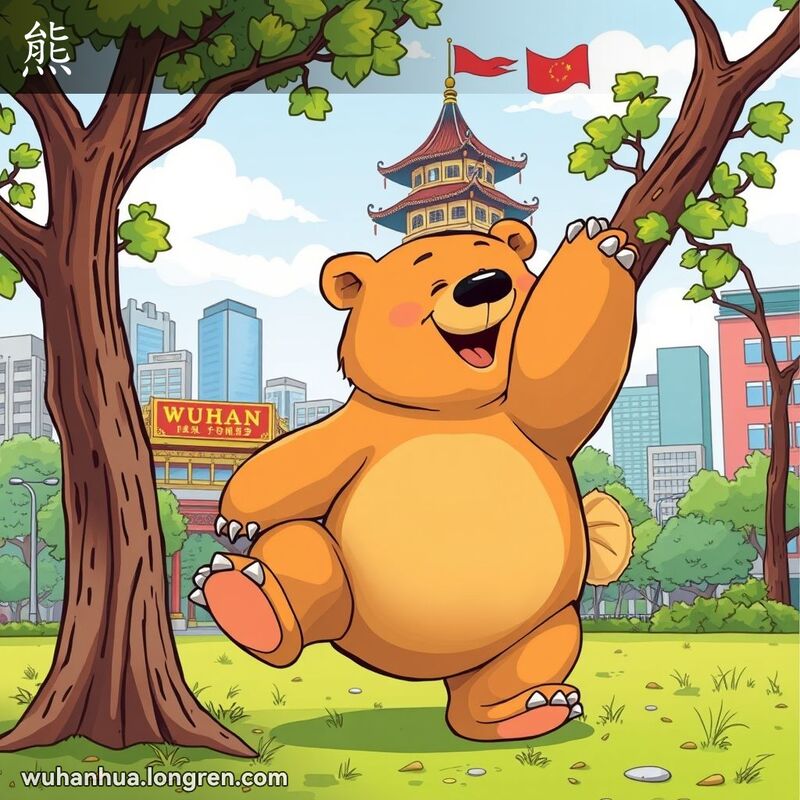 一只熊在武汉公园里攀爬树木，背景是黄鹤楼，画面风格漫画化，充满生活气息