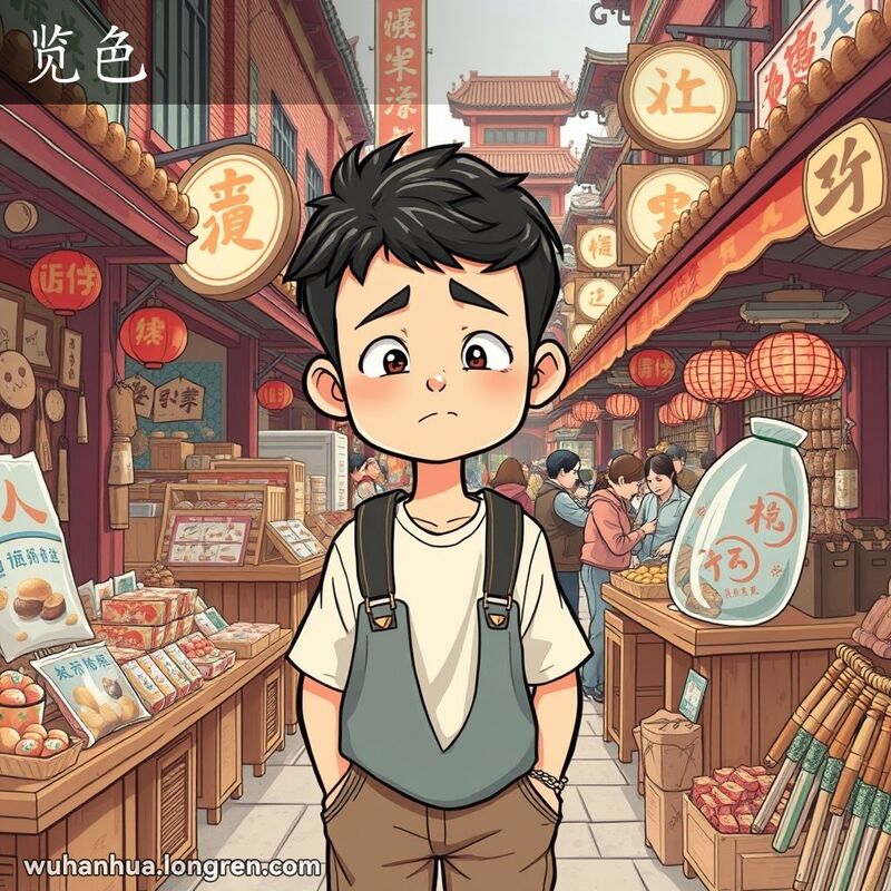 一位年轻人在武汉市场中，看着各种物品露出不感兴趣的表情，背景是武汉老街景