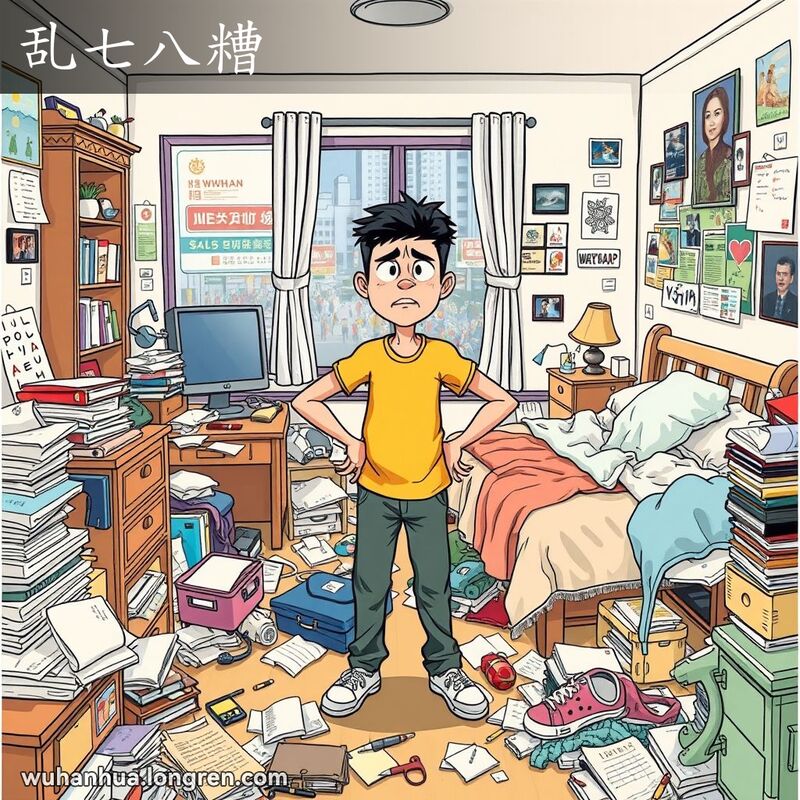 一个杂乱无章的房间，桌子上堆满纸张和杂物，地上散落衣物，床铺凌乱，年轻人站在中央露出无奈的表情，背景是武汉街景