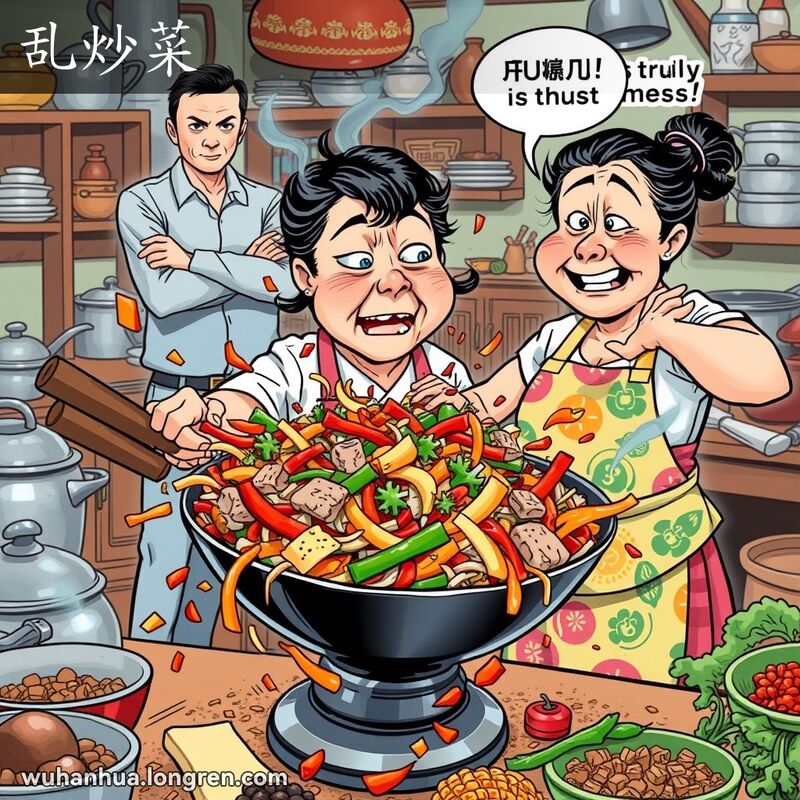 一位武汉妇女在厨房里胡乱翻炒食材，背景是凌乱的厨房，表现“乱炒菜”的混乱场景