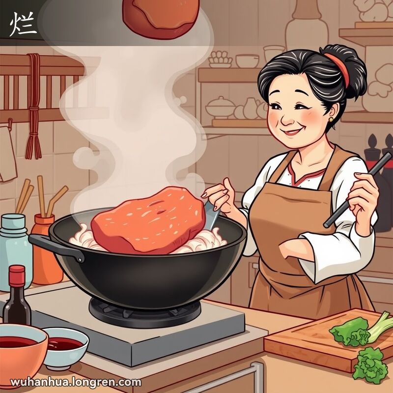 一位中年妇女在厨房中满意地看着锅中煮烂的肉，背景是传统中国厨房元素