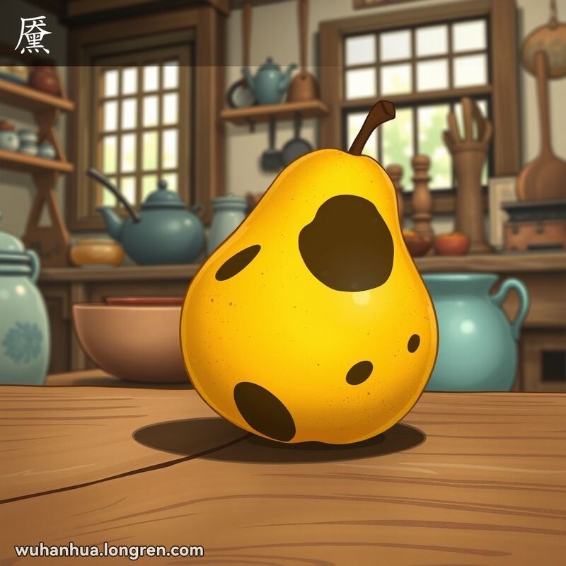 一颗成熟的梨子，表皮上有明显的黑斑，放在传统木桌上，背景是老式厨房。
