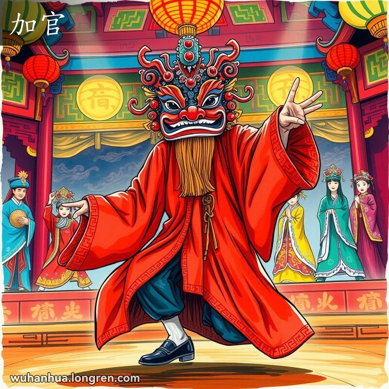 传统戏剧舞台上，穿红袍戴面具的演员在表演“加官”角色，背景有其他演员和道具。
