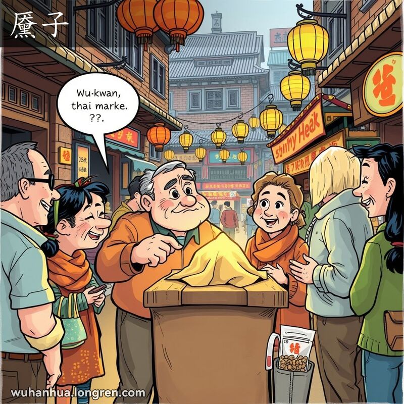 一群武汉市民在街头市场围绕一个神秘物品，主角露出困惑表情，背景是武汉老街景