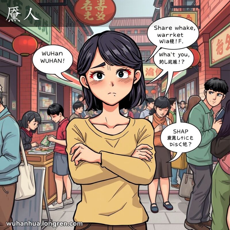 一位年轻女子在武汉街头市场中感到恼怒和不便，背景是忙碌的摊贩和顾客。
