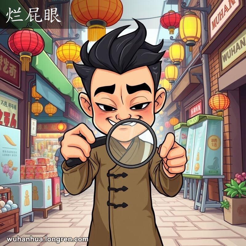 一个穿着传统中国服装的狡猾人物站在武汉街市中，手持放大镜检查陷阱，背景是街头摊贩和彩色灯笼
