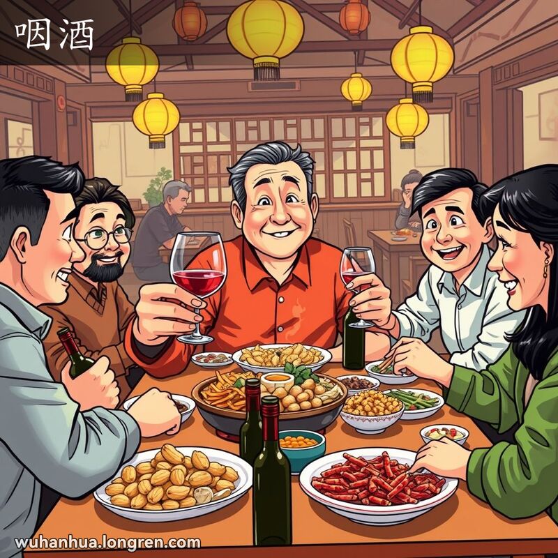 一群朋友在餐馆聚会，主角一边喝酒一边吃花生米，背景是温馨的中餐馆