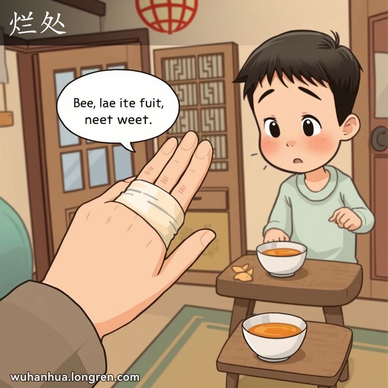 一位武汉市民在家中，手指上缠着绷带，露出担忧的表情，背景是传统的武汉家居环境。