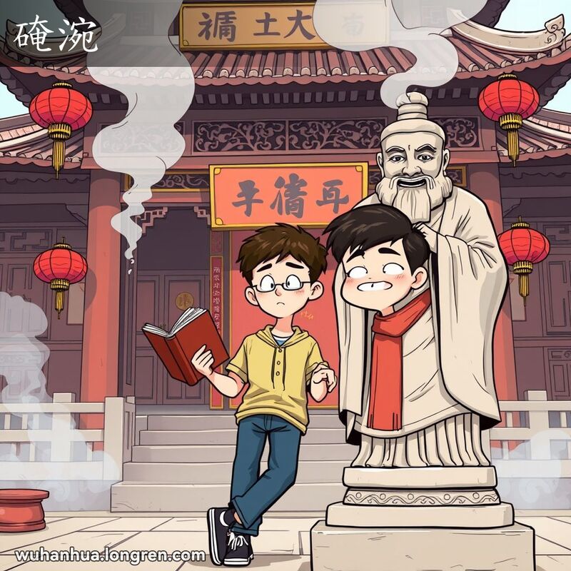 一位年轻人在寺庙中倚靠神圣雕像，显露出“硽涴”的不敬态度，背景是香火缭绕的寺庙
