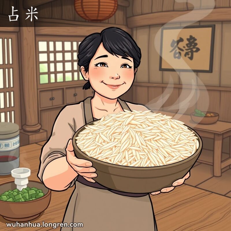 一位中年妇女在厨房中手持一碗长粒米饭，米粒细长且不粘，背景是温馨的家庭餐桌