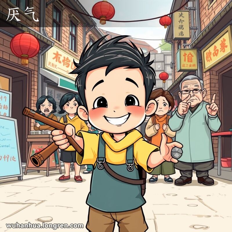 一个调皮的小男孩在武汉老街上恶作剧，背景中邻居们表示不满
