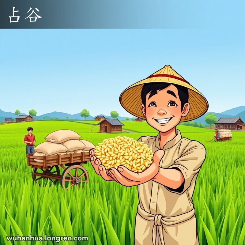 武汉乡村田园风光，农民手捧非糯性稻谷，背景是稻田和乡村景象