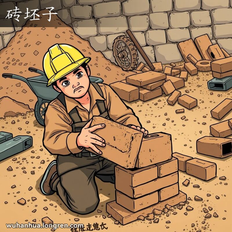 一位武汉建筑工人在工地上制作砖坯，背景有黏土、手推车和其他工具