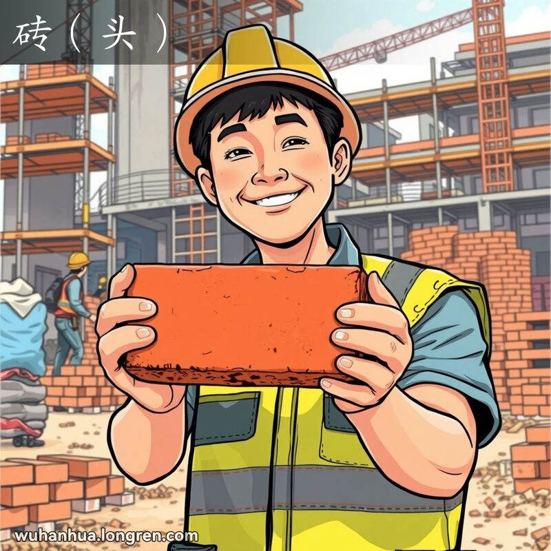 一位武汉建筑工人手持一块新烧制的砖头，背景是繁忙的施工现场