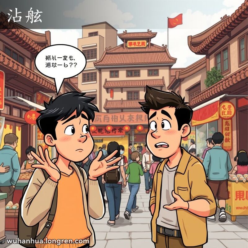 两人在武汉老街上对话，一人手舞足蹈表示困惑，另一人耸肩表示不同意，背景是热闹的街市。
